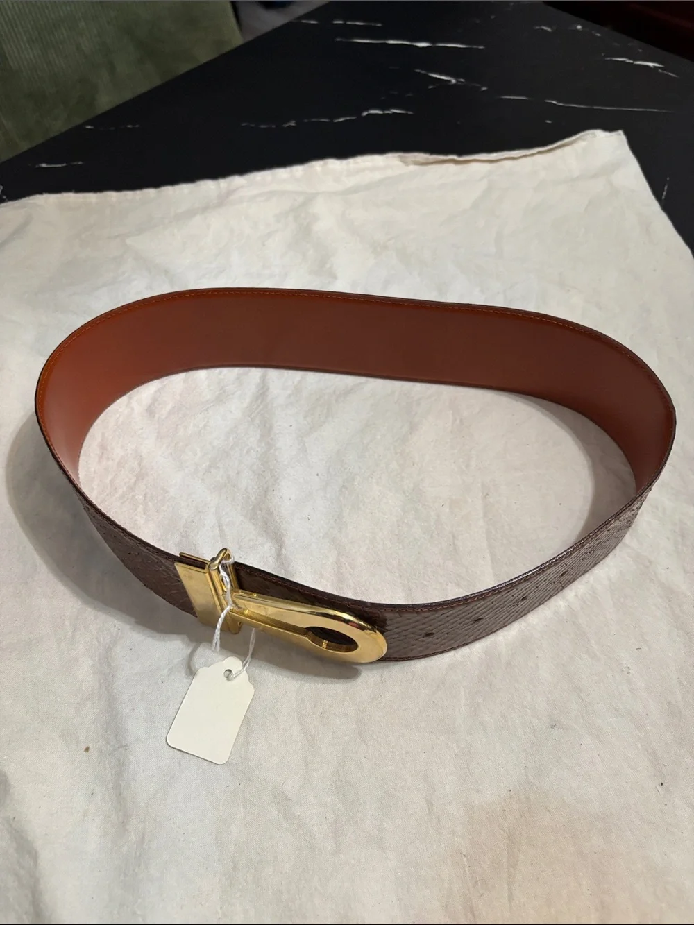 Women's Brown made in Italy Leather snakeskin Belt with Gold-Tone Loop Buckle